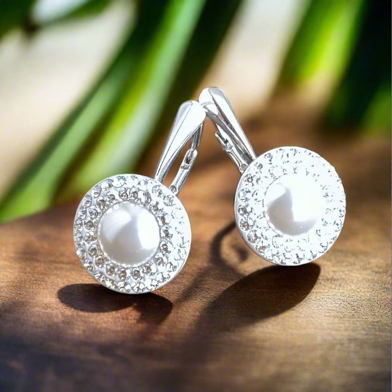 Halo white pearl and crystal silver earrings with lever back for women by Magpie Gems Ireland