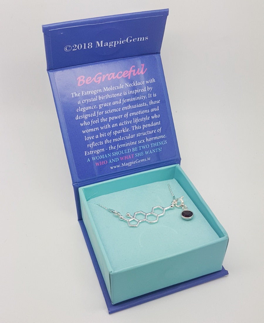 Elegant Science-Inspired Necklace in Magpie Gems Gift Box, with an Estrogen Molecule Pendant in Sterling Silver.