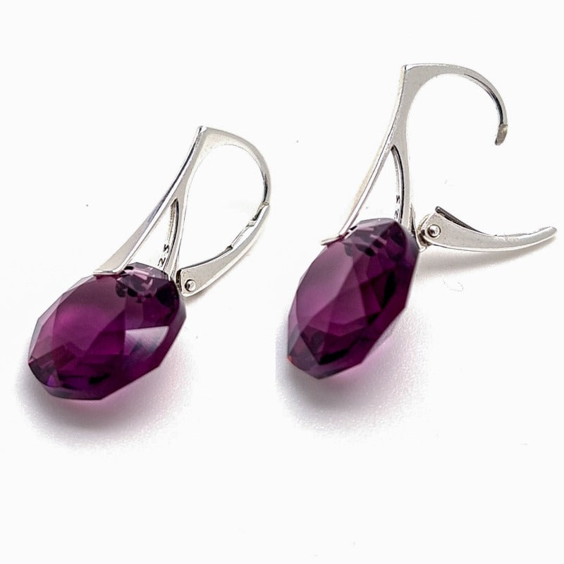 Round Birthstone Crystal Sterling Silver Drop Earrings with Amethyst