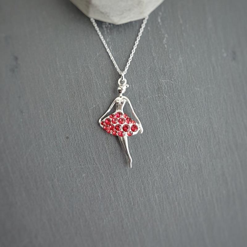 Graceful Sterling Silver Ballerina Dancer Necklace with Red Crystal Skirt for Girls or Women