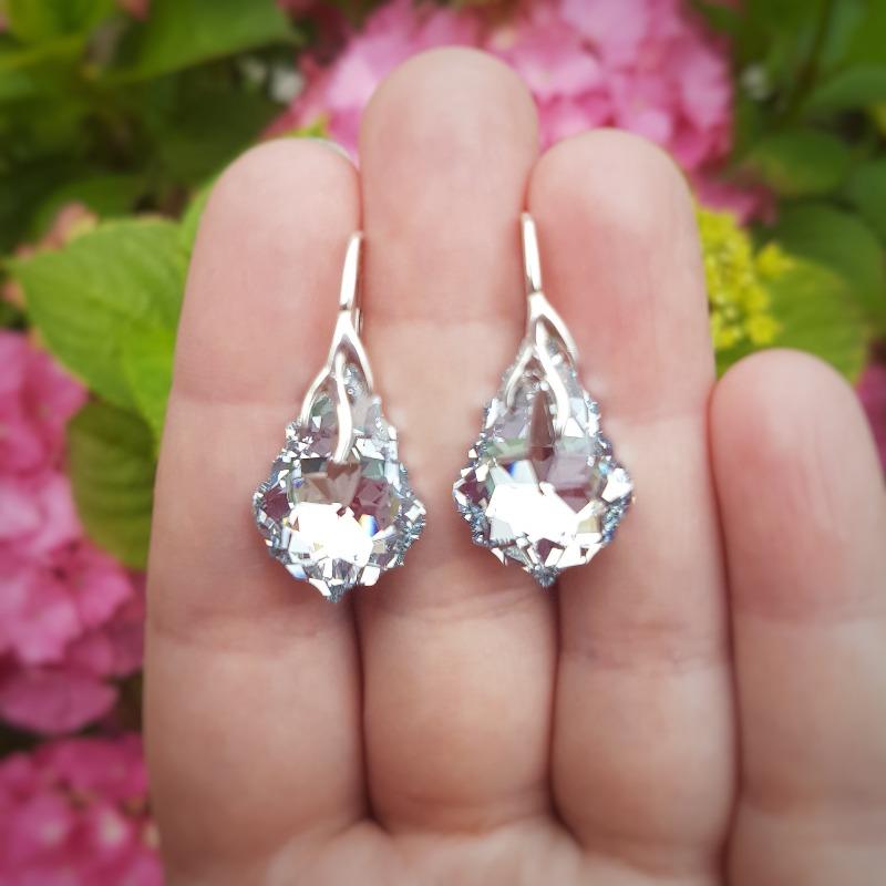 Hand-Finished Sterling Silver Baroque Drop Earrings with Large Crystals Comet Argent