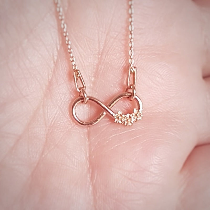 Handcrafted Sterling Silver Infinity with Flowers Necklace in Rose Gold