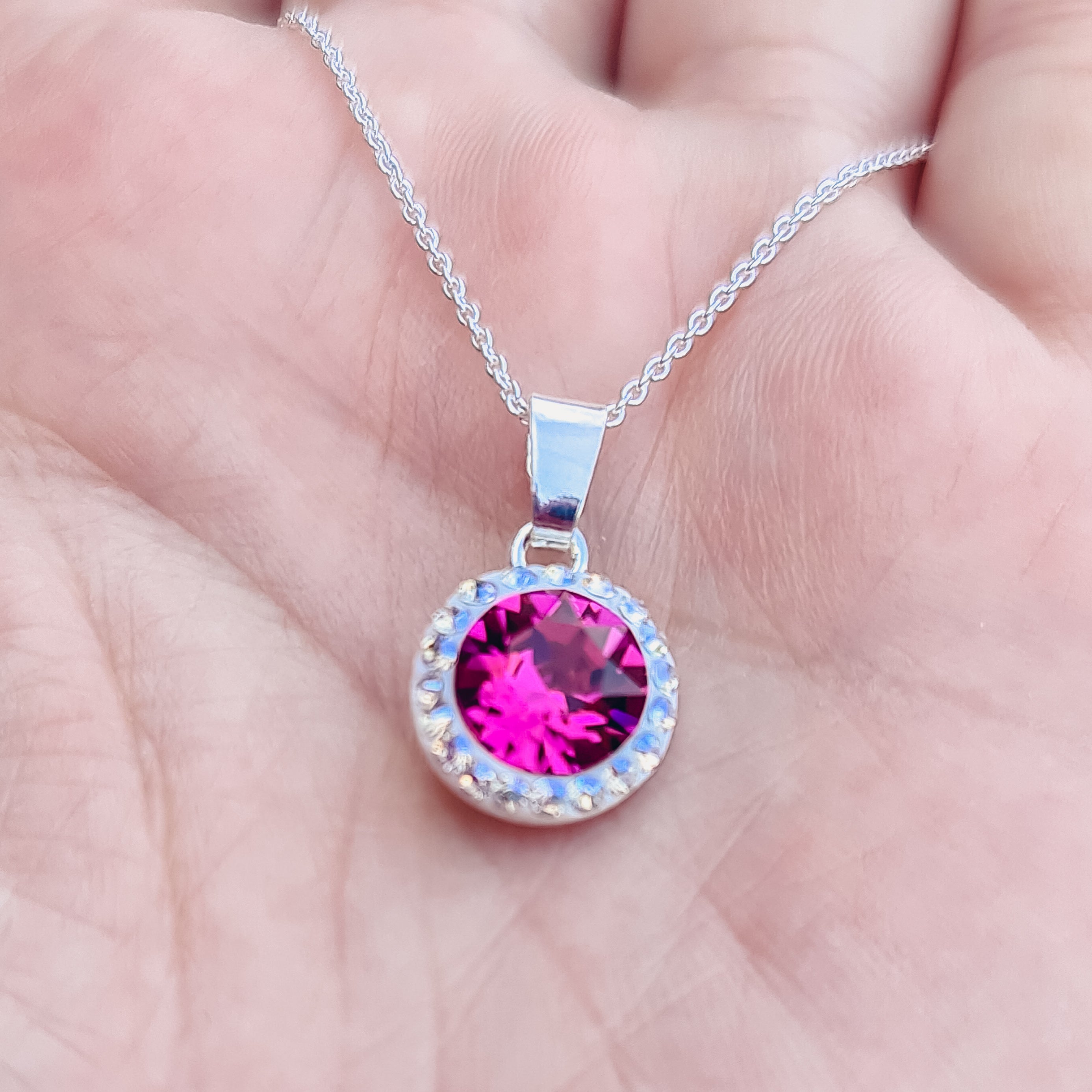 Irish Hand-Finished Halo Pendant Necklace with Moonlight Crystals and Fuchsia Pink