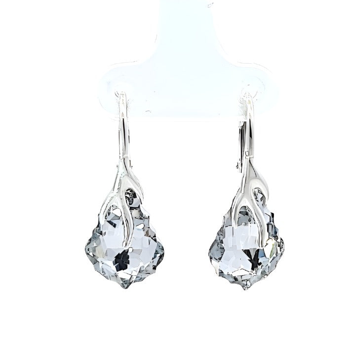 Irish Hand-Finished Sterling Silver Baroque Drop Earrings with Comet Argent Crystal Drop