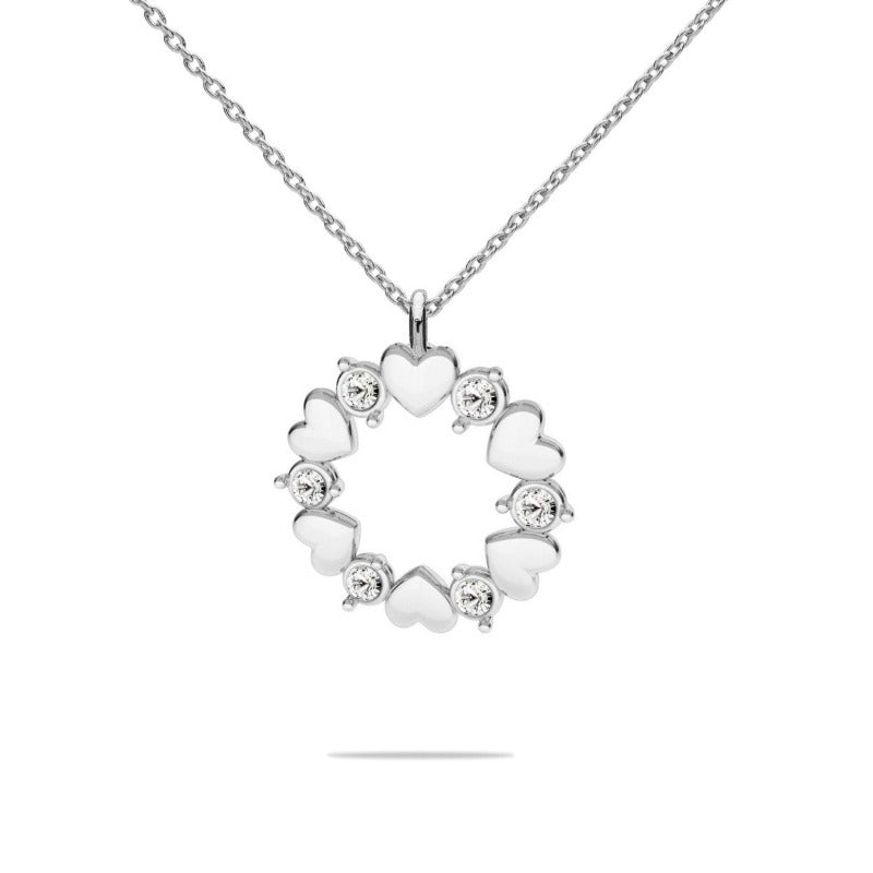 Irish Hand-Finished Sterling Silver Rosette Pendant Necklace with Crystals and Silver Hearts