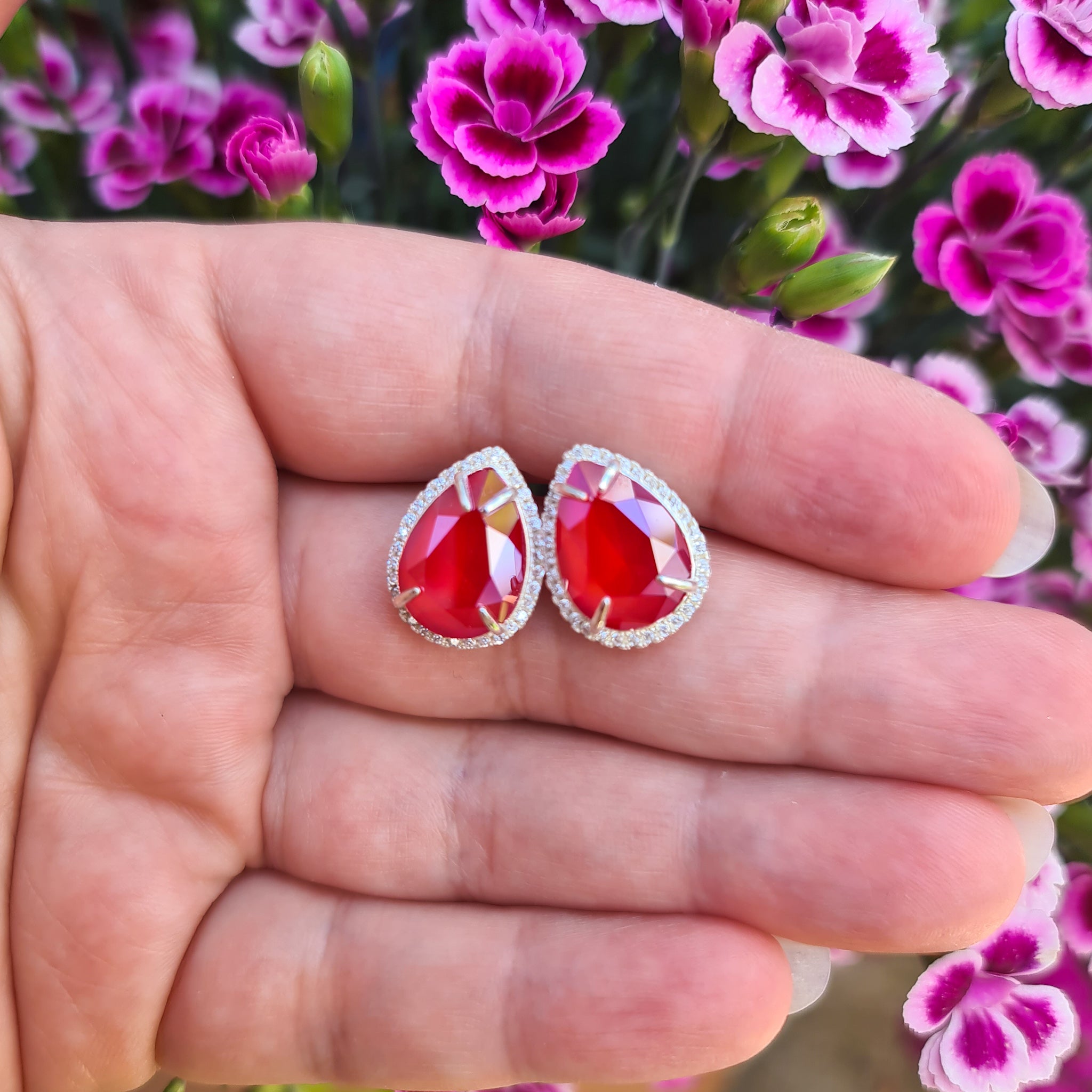 Dazzling Pear Stud Earrings in Sterling Silver with Large Royal Red Crystal Stone