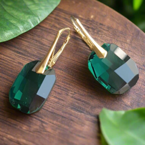 Large Emerald Green Crystal Earrings | 24k Gold plated, [product type], - Personalised Silver Jewellery Ireland by Magpie Gems