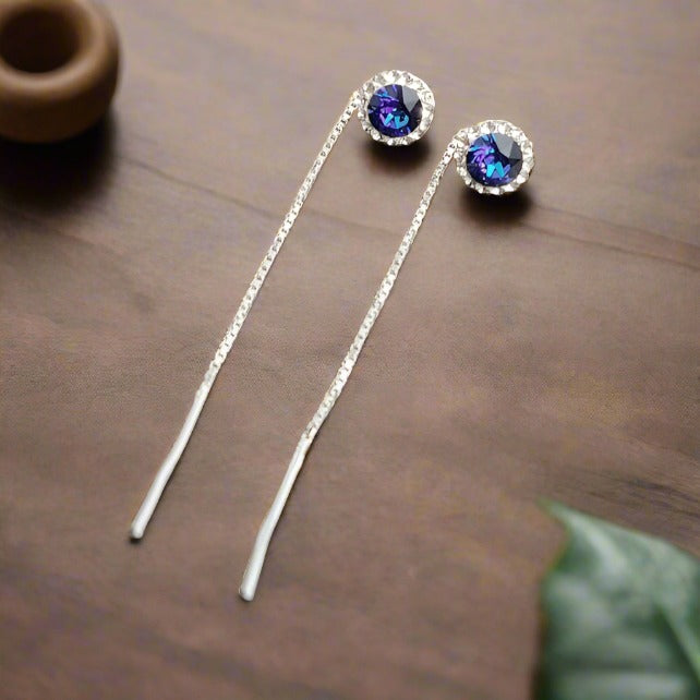 Dazzling Daisy Threader Earrings in Sterling Silver with Heliotrope Purple Crystals and Moonlight Halo