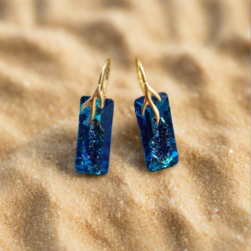 Ocean Shimmer Antler Drop Earrings with Austrian Crystals and Gold Plated Sterling Silver