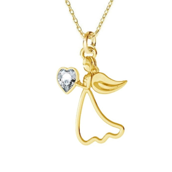 Protect My Heart Gold Sterling Silver Angel Necklace with Personalised Crystal Clear Birthstone for April Birthdays