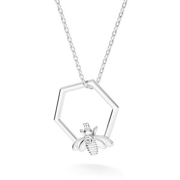 Queen Bee Sterling Silver Bee on Honeycomb Necklace with Crystal