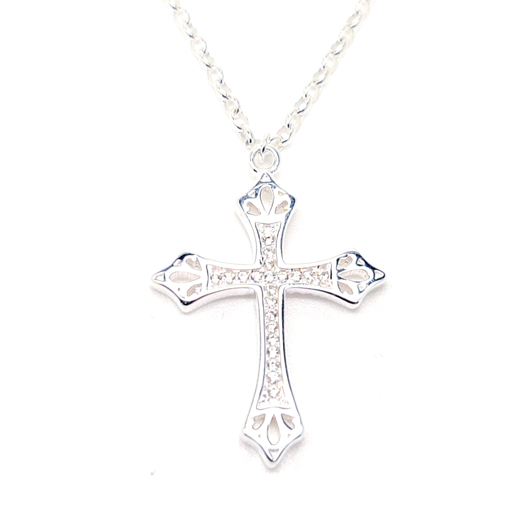 Radiant Grace Sterling Silver Cross Pendant Necklace with Crystals, First Communion Cross with Crystals in Silver