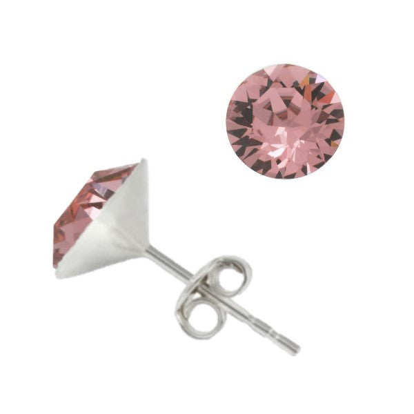 Unisex Sterling Silver Stud Earrings with 8mm Antique Pink Diamond-Cut Chaton Crystals – Romantic Pink Crystal Earrings by Magpie Gems Online Jewellery Shop in Ireland