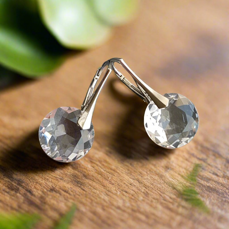 Round Birthstone Crystal Sterling Silver Drop Earrings for Aries or April Birthdays, made in Ireland