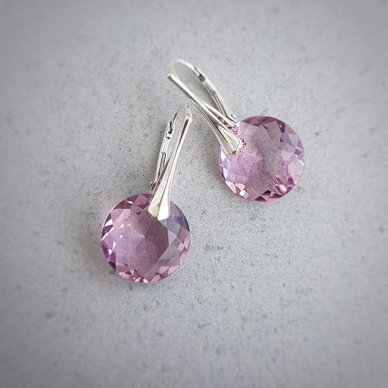 Round Birthstone Crystal Sterling Silver Drop Earrings with Light Amethyst for June or Gemini