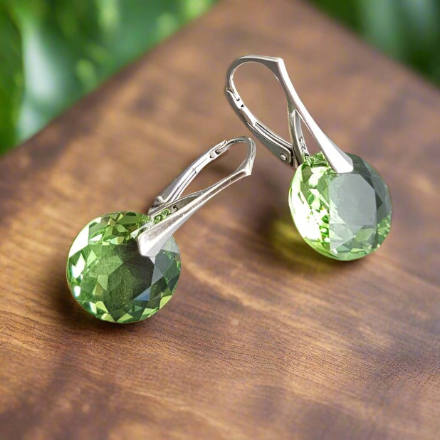 Round Birthstone Crystal Sterling Silver Drop Earrings with Peridot, Made in Ireland by Magpie Gems