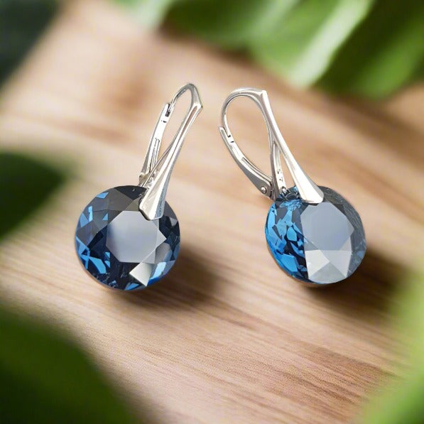 Round Birthstone Crystal Sterling Silver Drop Earrings for Sagittarius or December Birthdays, made in Ireland with Montana Blue Birthstones