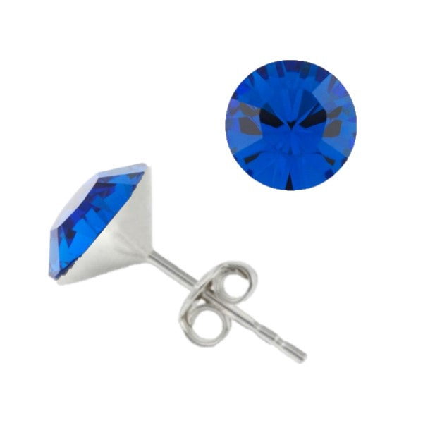 Sterling Silver Stud Earrings with 8mm Capri Blue Diamond-Cut Chaton Crystals – Bold Blue Crystal Earrings