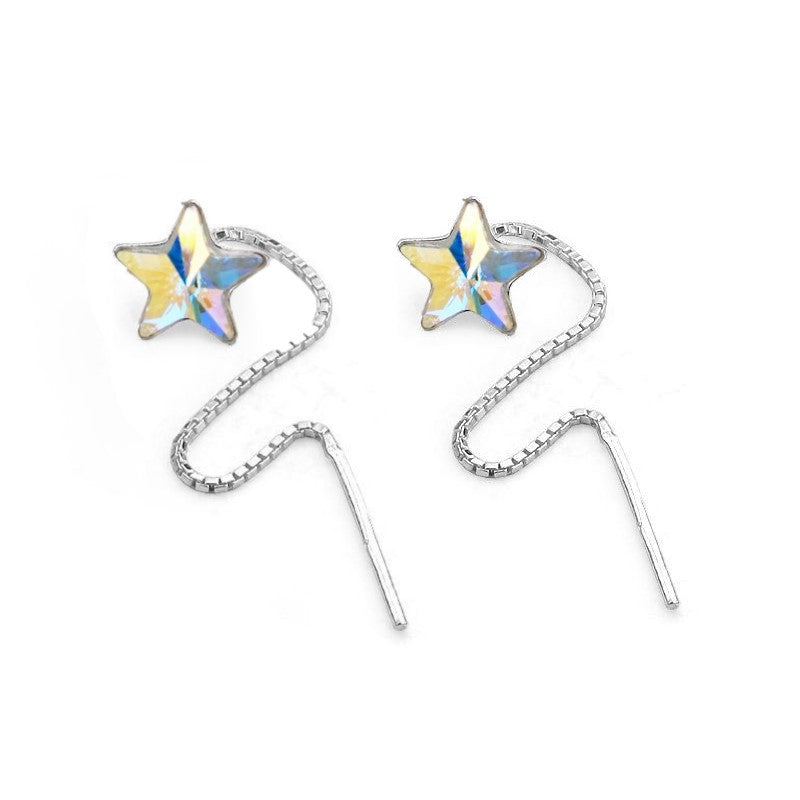 Silver Star Earrings with Chain Threader – Crystal AB 10mm Star Charm - for women or teenage girls, made by Magpie Gems Online Jewellery Shop in Ireland.