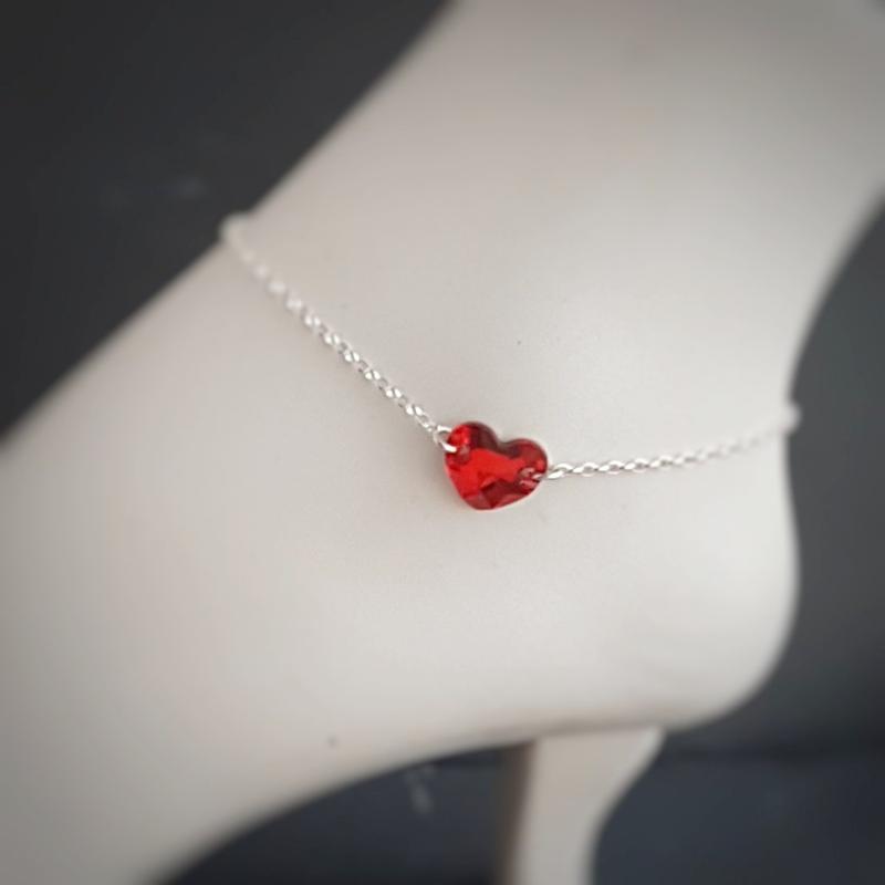 Close-up of the Sparkling Crystal Heart Anklet Bracelet - Handcrafted 925 Sterling Silver - Red Heart Crystal - Handmade in Ireland