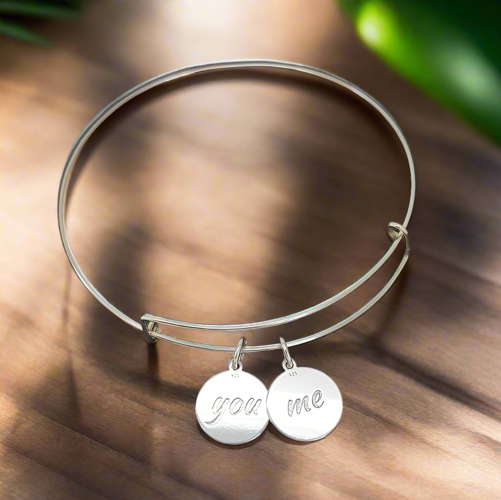 Handmade Sterling Silver Bangle Bracelet with Two Dangly Discs Engraved with "You" and "Me" in Ireland