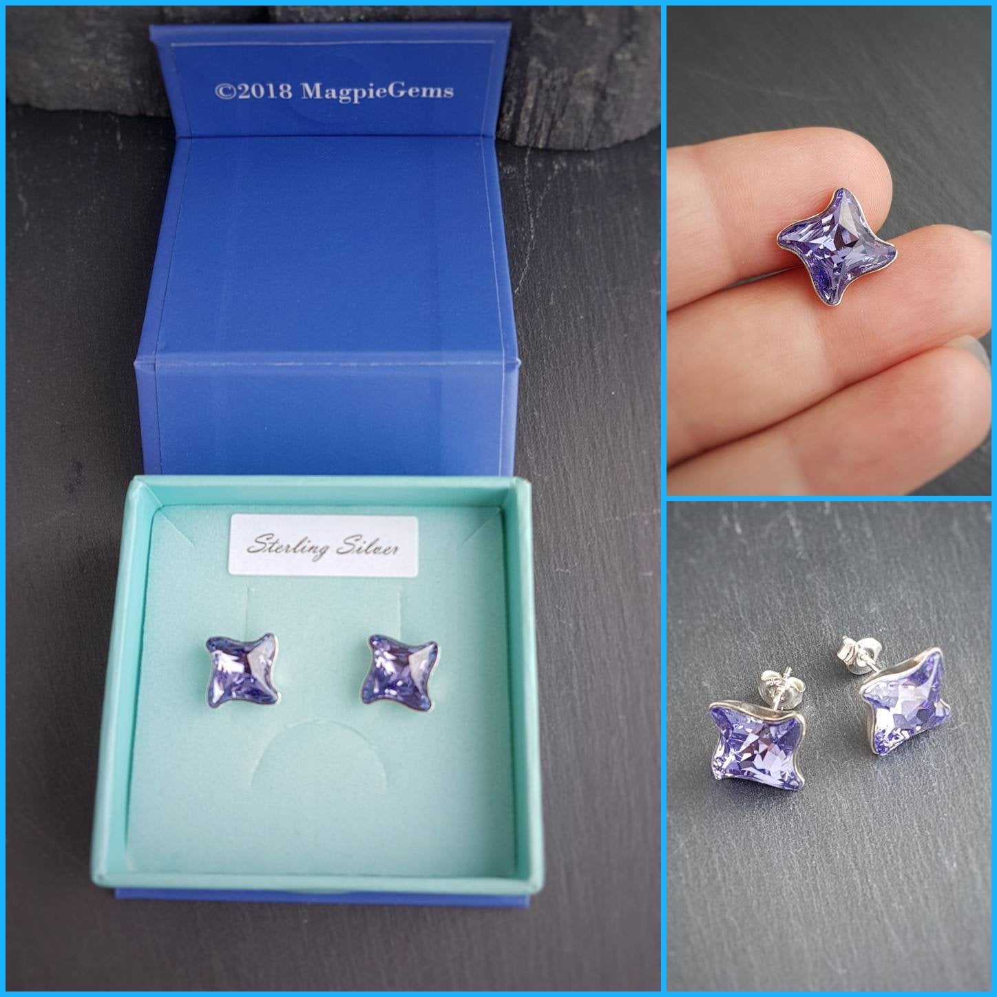 Swirlshine Crystal Stud Earrings presented in Magpie Gems signature gift box with polishing cloth.