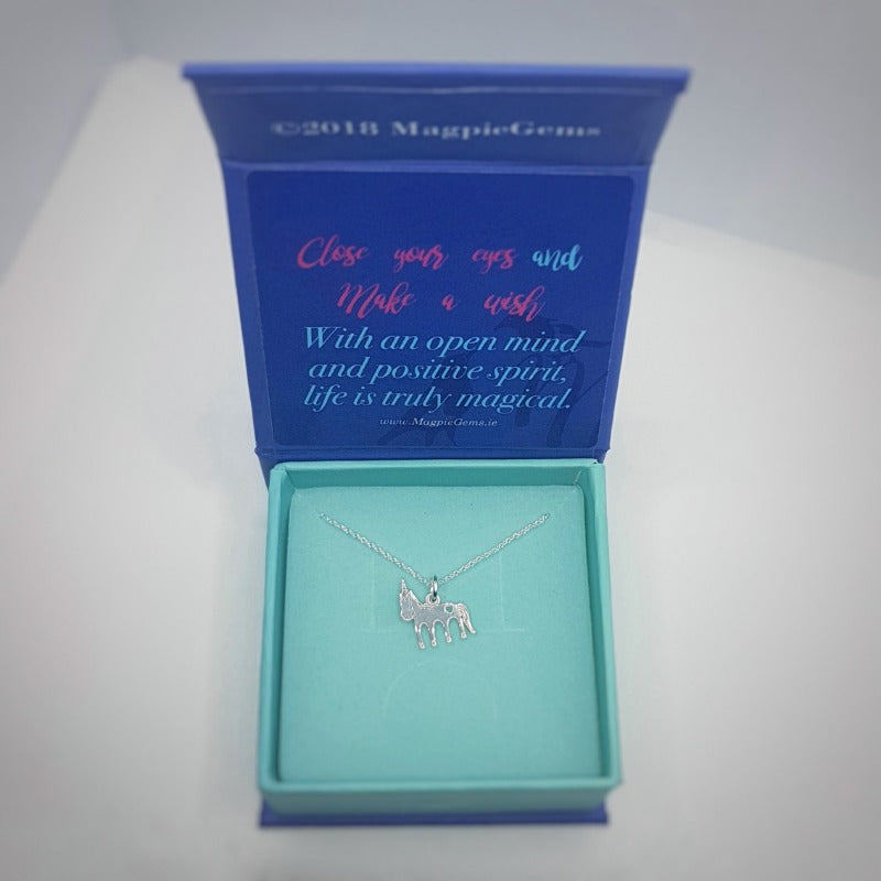 A silver unicorn pendant necklace for girls and womens gift boxed by Magpie Gems Silver Jewellery Ireland 