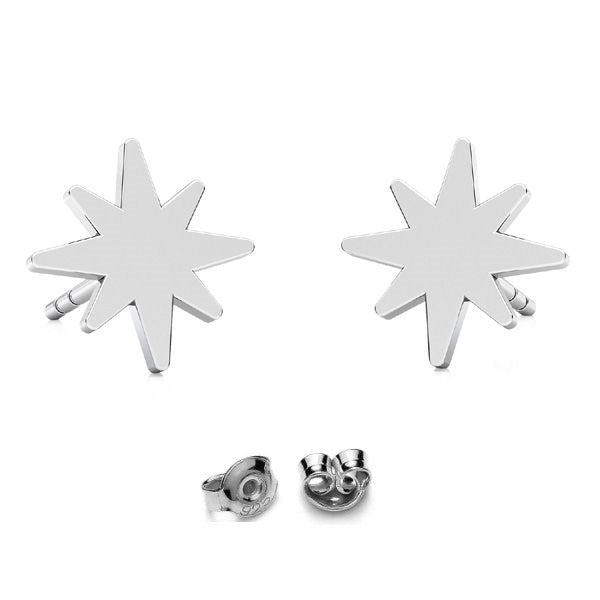 Winter Star Sterling Silver Stud Earrings – front view of 8.5mm minimalist star design. Christmas Star studs ear post earrings in sterling silver for sensitive ears by Magpie Gems Cork Ireland